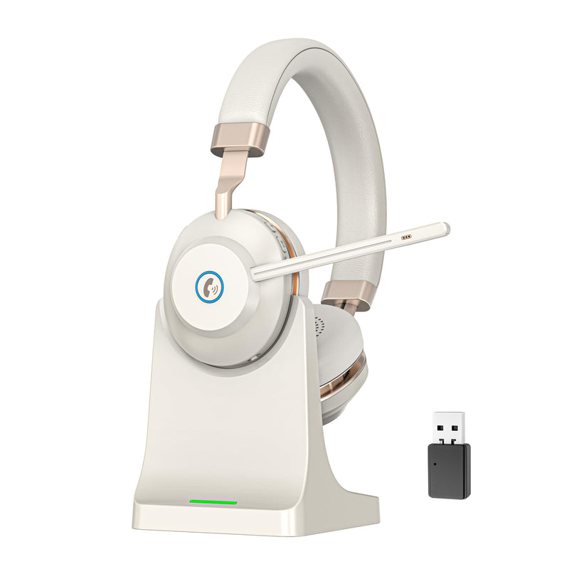 Wireless Headset with Mic for Work, V5.2 Bluetooth Headset with Microphone Noise Canceling & Charging Base, Wireless Headphones with Mic Mute Button & USB Dongle 45Hrs for Laptop/PC/Call Center/Home Gold White
