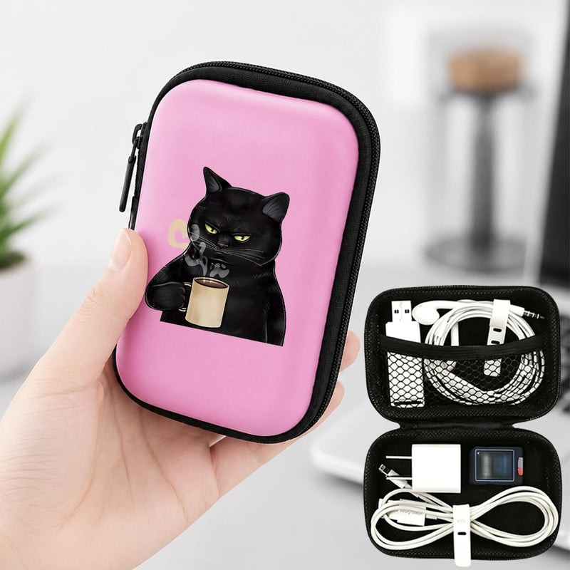 Grumpy Black Cat with Coffee Cup Print Hard Shell Electronics Organizer, Shockproof Carrying Case for Cables, Earphones, Chargers, Ideal Gift for Travel & Daily Use，4.33 * 3.14 * 1.57 inch/SNB02-026 Pink-026