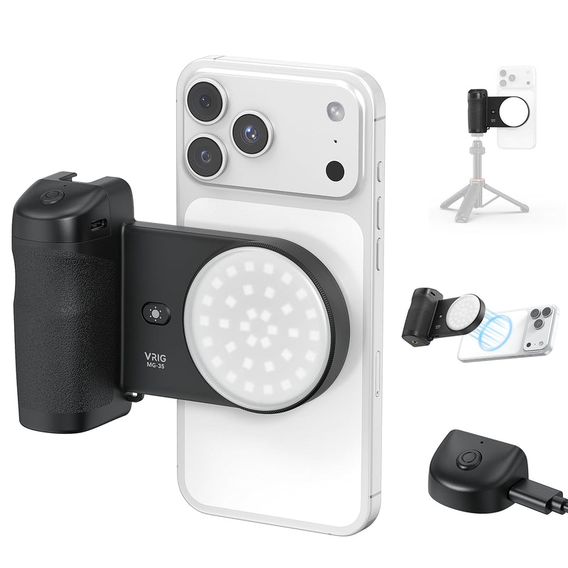VRIG MG-35 Magnetic Phone Camera Grip for iPhone/Android with Detachable Wireless Shutter Remote,Three-Gear Adjustable Fill Light, 1/4" Tripod Screw - Comfort Ergonomic Camera Grip Handle Holder MG-35 Grip