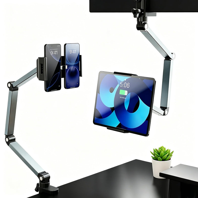 Aluminum Alloy Rotatable Plate Bracket Holder, Mechanical Arm, Universal Cantilever, Universal Metal Desktop Dual Device Bracket, for iPhone, iPad, Tablet, PC Phones