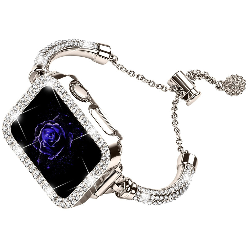 JOYOZY Bling Band and Case Compatible with Apple Watch Band 38mm 40mm 41mm 42mm 44mm 45mm 46mm, Pretty Luxury Strap with Sparkle Diamond, Dressy iWatch Bracelet for Women Starlight 42MM for Series 11/10