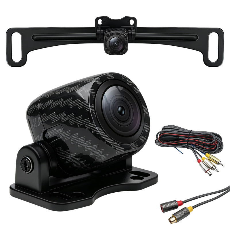 Backup Camera Carbon Fiber Coated Housing AHD 4k with Nylon Braided Wire: 170 Degree Wide Angle License Plate Backup Camera with Excellent Night Vision and IP68 Waterproof for Car SUV Truck