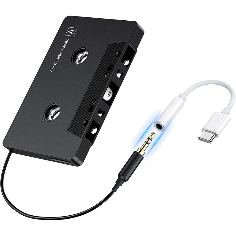 Car Cassette Adapter with USB-C to 3.5mm Audio Adapter, Cassette to AUX Adapter for Car, Compatible with Samsung Galaxy, Google Pixel, Xiaomi, Huawei & USB-C Devices, Stable Audio Connection