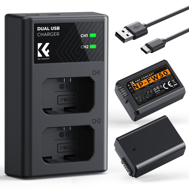 K&F Concept NP-FW50 Battery Charger Set, 2-Pack 1100mAh Replacement Battery | Compatible with Sony ZV-E10 A6000 A6500 A6400 A6300 A7 A7II A7RII A7SII A7S A7R RX10 Camera, Micro US B& USB-C 2-Slot Charger