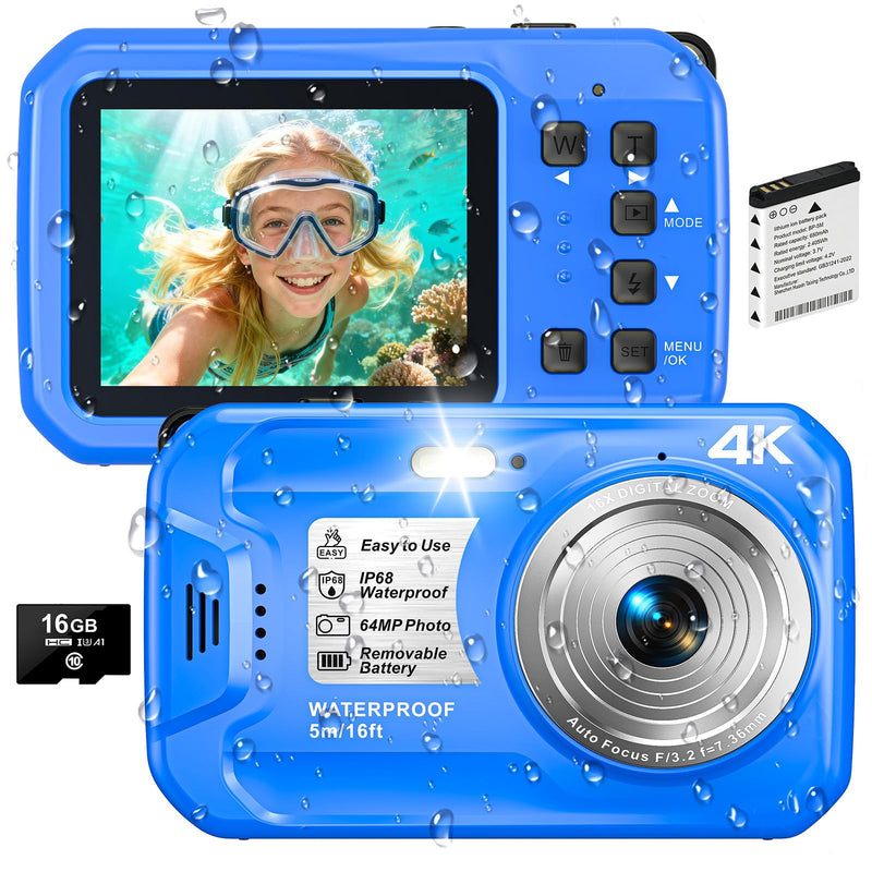 4K Underwater Camera, 64MP 16FT Compact Waterproof Camera with 16GB Card | Floatable Digital Camera, 16X Digital Zoom, Auto Focus, Fill Light, 650mAh Battery, Ideal for Travel, Surfing, Swimming Blue