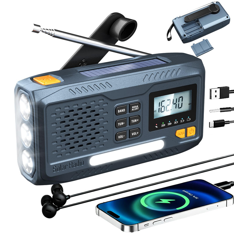 Emergency Weather Radio with NOAA Alert, Hand Crank Solar Radio | 2000mAh Emergency Phone Charger, AM/FM Battery Powered Radio, AA Backup, 3-Mode Flashlight, Reading Lamp, 100dB SOS Alarm Gray