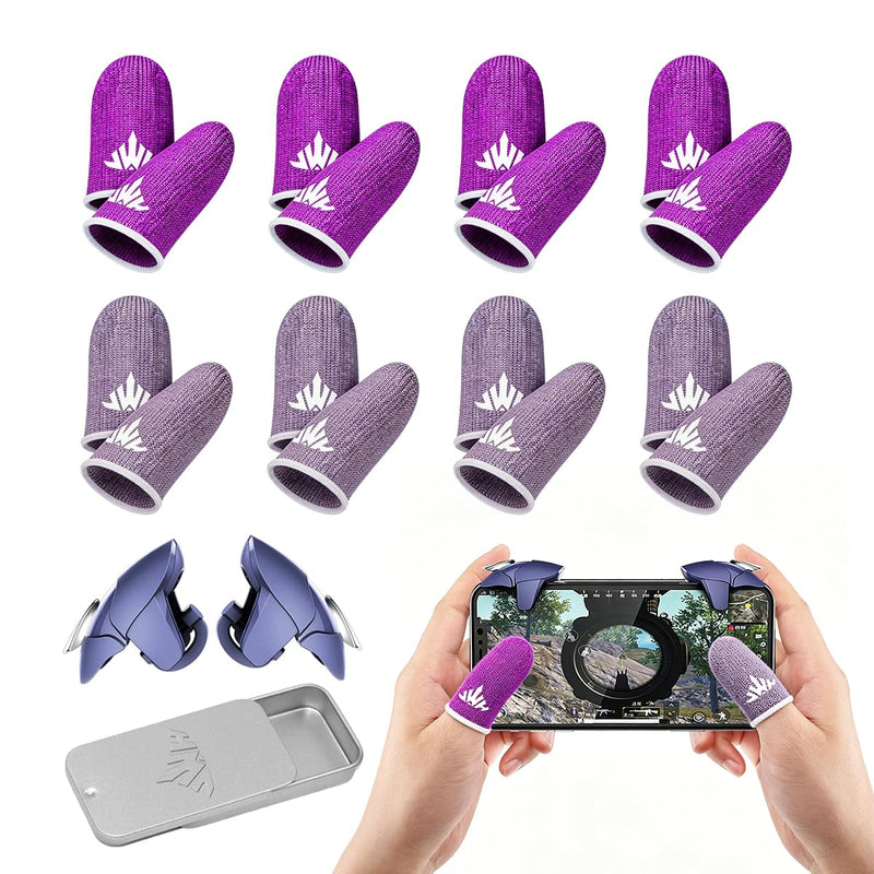 JWH 16 PCS Mobile Gaming Finger Sleeves for Dedales Gamer Profesionales Silver Fiber Thumb Sleeves with Pubg Controller Anti Slip Sweat Proof Finger Gloves with High Sensitivity Touchscreen for FPS 8XRose red+8XPurple+Box+Triggers