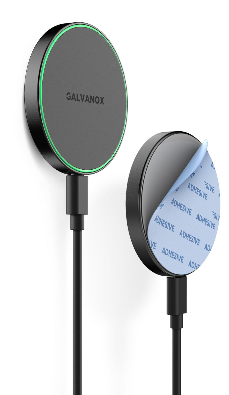 Galvanox Compatible with MagSafe Wall Mounted Magnetic Wireless Charger, (15W) Fast Charging, Stick-on Adhesive Design with Removable USB-C Cable (Black, 10 FT) Black