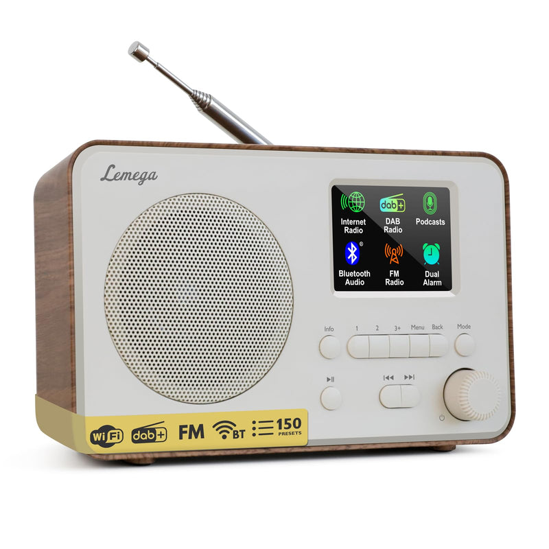 LeMega IR1PRO Internet Radio, Podcasts, Bluetooth, FM, Walnut | Alarm clock, full colour display, mains or AA battery, compact kitchen radio, snooze, sleep timer, 150 unified presets