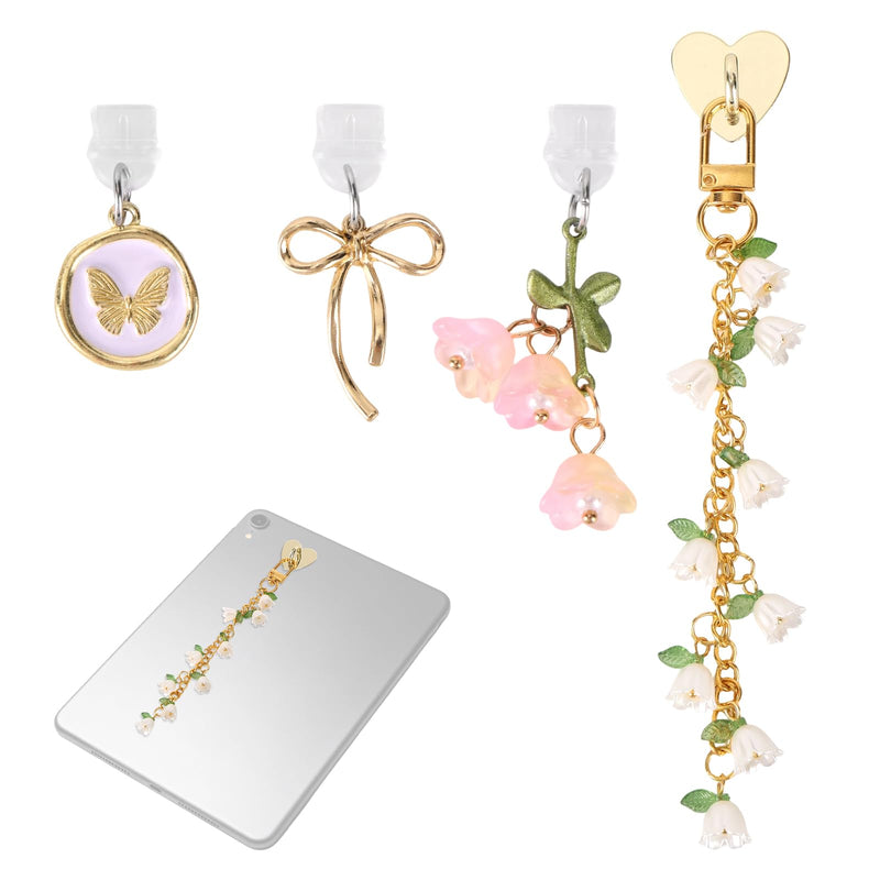 5pcs Mobile Phone Charm Set, Cute Flower Chain Charm with Heart Grip Holder & Dust Plug Ornaments Compatible with Kindle Paperwhite E-Reader Phone