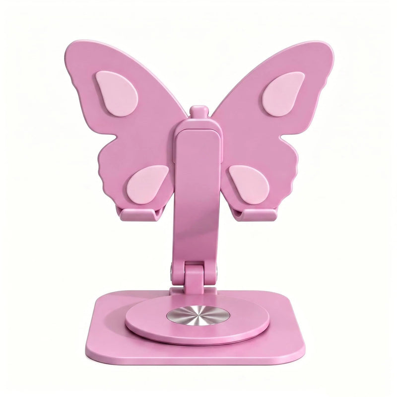 Butterfly Cell Phone Stand for Desk, Aluminum Alloy 360° Rotating Phone Holder, Height & Angle Adjustable Foldable Desktop Dock, Universal Anti-Slip for Smartphones Tablets Home Office Travel Pink