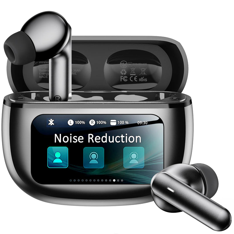 Wireless Earbuds with Smart Touchscreen Case, Bluetooth 6.0 Ear Buds with AI Noise Cancelling Calls, 40H Playtime Stereo Headphones, IPX7 Waterproof Earbuds for Workout, Travel, iPhone, Android, Black
