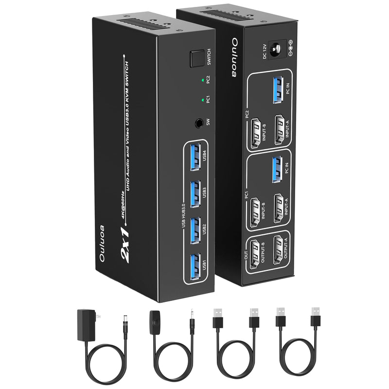 Dual Monitor 2 Port HDMI KVM Switch,4K@60Hz 2 Computers 2 Displays KVM Switcher with 4 USB 3.0 Ports, Wired Remote & EDID Emulator, Extended & Duplicate Display for Windows Mac Linux HDMI 2 Monitors 2 pc