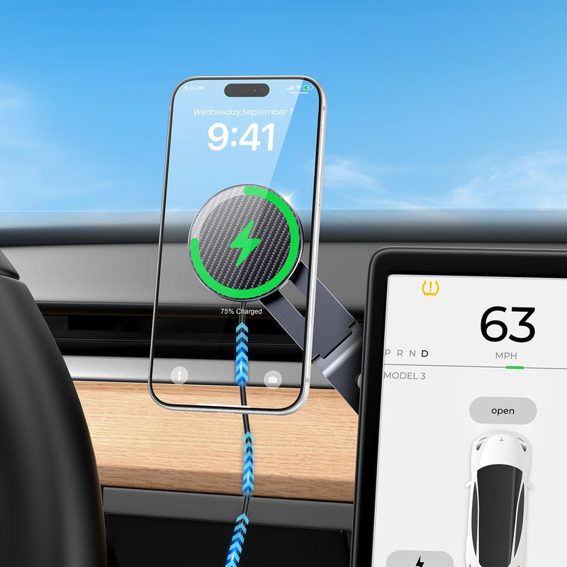 Tesla Model 3/Y/YL/X/S Phone Mount Charger, 15W Fast Charging Car Mount | [Strong Magnet & 100% Hidden & 360° Rotation]Tesla Phone Holder for Magsafe iPhone 17-12 Series, Tesla Model Y/3 Accessories