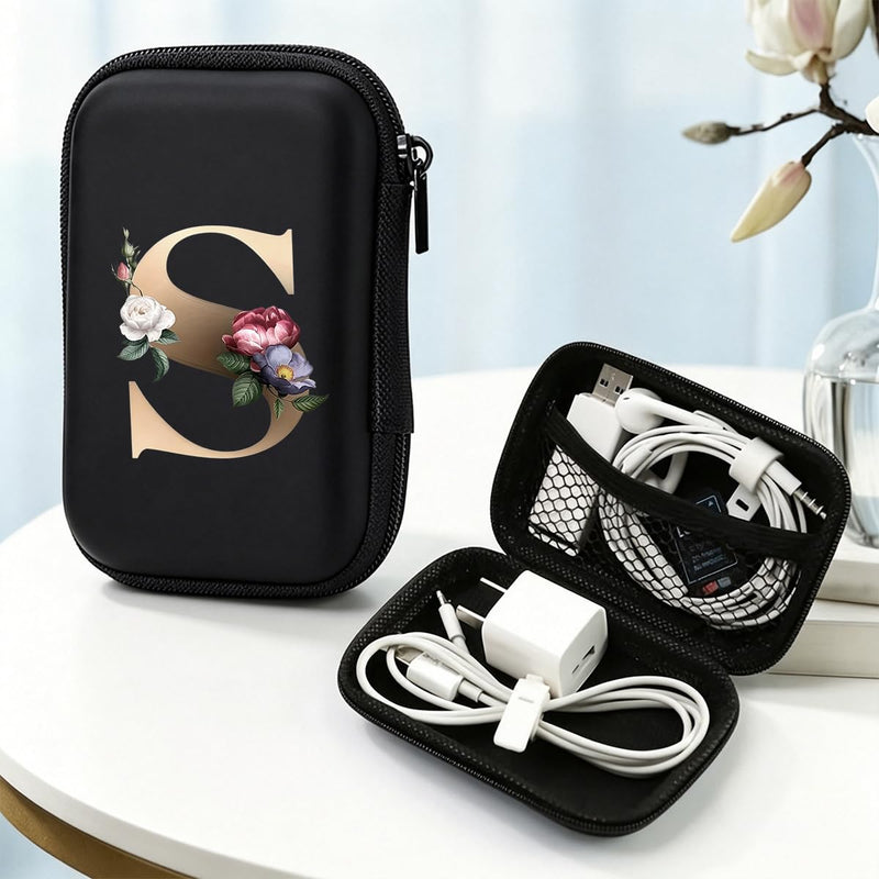 Letter And Flower Print Hard Shell Electronics Organizer, Shockproof Carrying Case for Cables, Earphones, Chargers, Ideal Gift for Travel & Daily Use，4.33 * 3.14 * 1.57 inch/SNB03-S Black-S