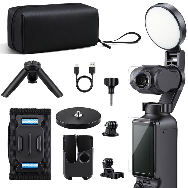 11-in-1 Accessories Kit Compatible with DJI Osmo Pocket 3/Xtra Muse Camera | with Portable Carrying Case, Magnetic Mount Stand, Fill Light, Mini Tripod, Backpack Strap Mount and Screen Protector