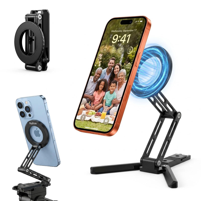 Ruittos for Magsafe Phone Stand & Tripod Adapter, Aluminum iPhone Mount with Arca-Swiss Base,1/4" Thread Foldable Desktop Stand & Selfie Stick Grip, Compatible with iPhone 17/16...Andriod