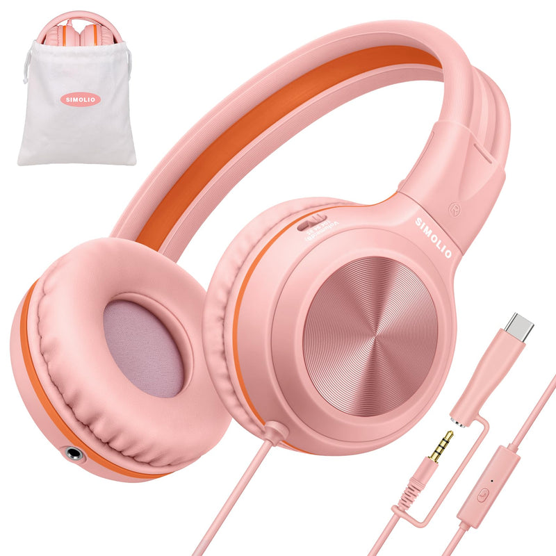 SIMOLIO Manyshare Kid Wired Headphones with Mic for School,USB-C &3.5mm | Over Ear Foldable Headset with Stereo Sound & HD Mic & Share Port, Noise Cancelling w/Pouch for Travel, iPhone,iPad,Tablet,PC Barbie Pink