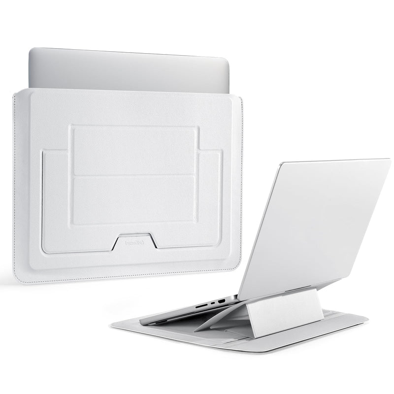 2-in-1 Laptop Sleeve with Stand, 13-14 Inch, PU Leather, Grey | Magnetic origami design folds into a 3-angle stand with a water-repellent PU exterior and storage for mouse and cable.