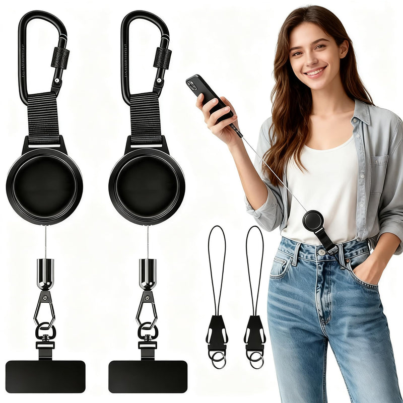 2 Pack Anti-Theft Phone Tether, Retractable Phone Lanyard with Steel Cable, Locking Carabiner & 360° Swivel, Universal Phone Tether Tab for Outdoor Skiing, Hiking, Fishing, Travel & Daily Use, Black