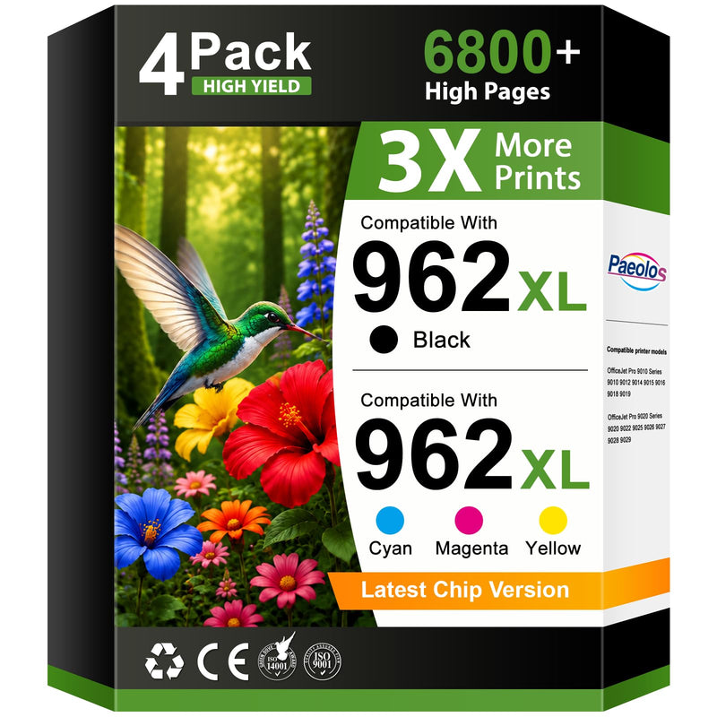 Paeolos 962XL Replacement for HP 962XL Ink Cartridges Combo Pack High Yield | 4 Pack Latest Chip for HP962XL Work for HP Officejet Pro 9010 9015 9020 9018 9025 Printers Black Cyan Magenta Yellow