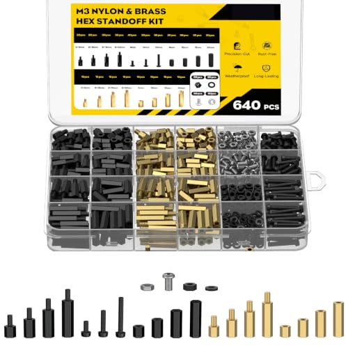 Vibit 640 Pcs M3 Brass and Nylon Standoff Kit, Male-Female & Female-Female Hex Motherboard Standoffs PCB Standoffs with Spacers Screws & Nuts, Hex Standoff Screws Assortment Kit for Circuit Boards M3,640Pcs(Nylon&Brass)