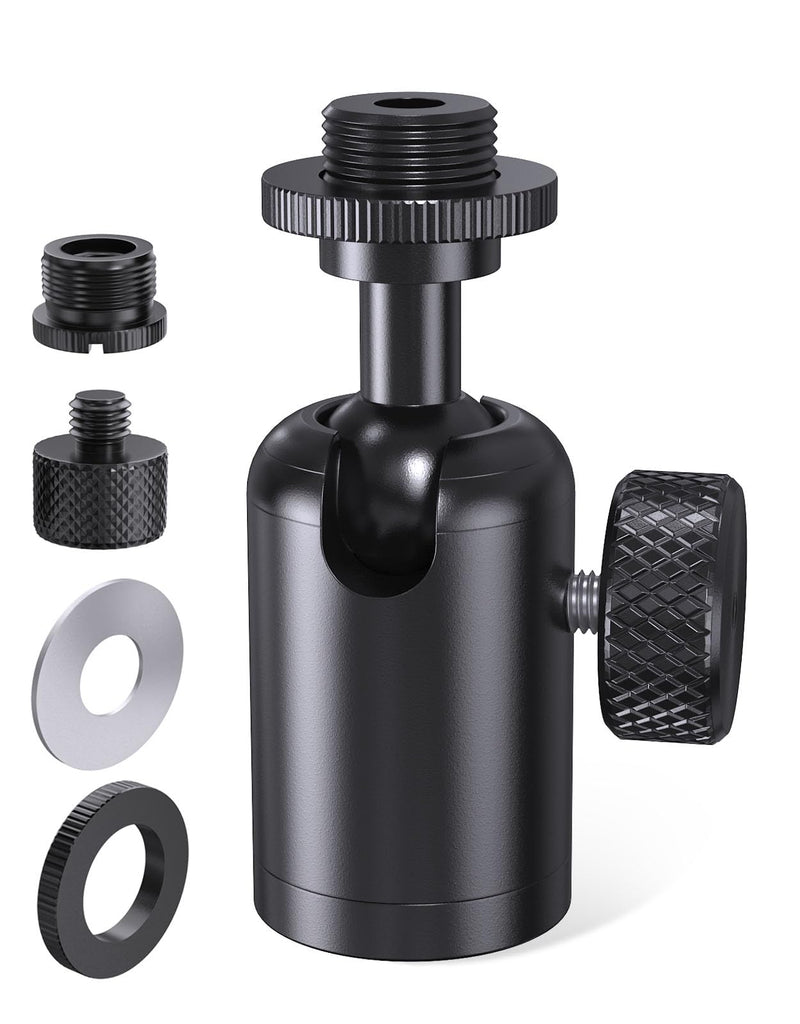 Ball and Socket Head Microphone Adapter with Angle Adjustment | 360° pan, 90° tilt, dual lock with texture, universal threads, aluminum, light & tool-free.