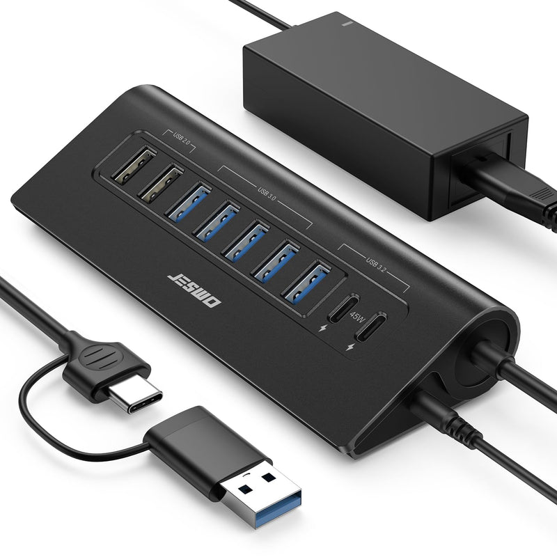 Powered USB Hub, 10Gbps 9-Port JESWO USB Hub, USB 3.2 45W Charging for PC | USB C Hub with 65W adapter, 2 USB 2.0 + 4 USB 3.0 + 3 USB 3.2 A+C ports, Aluminum for PC, Mac, laptop, desktop, and iPhone Black