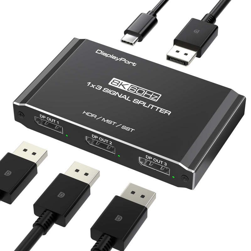 DisplayPort Splitter 1 in 3 Out, 8K@60Hz DSC, Triple Display MST Hub, DisplayPort Multi-Monitor Adapter, Extended/Mirror Mode for Desktops/Graphics Cards (AMD/Intel), for HP/Dell/Mini PC