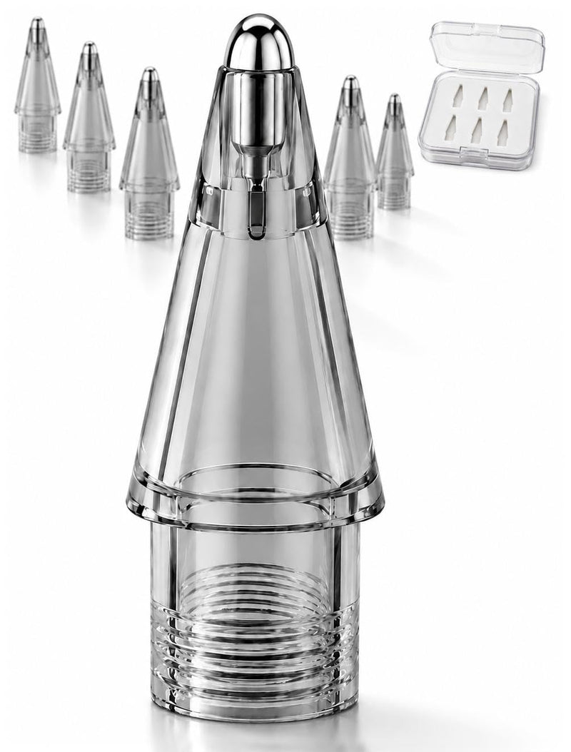 NXVX Replacement Tips for Apple Pencil, Bullet Tip, 6-Pack, Grey | Smooth-glide pointed nib for glass and screen protectors, durable metal, fits all generations, see-through storage case M11 6-Pack Bullet Tip Engineered Grey