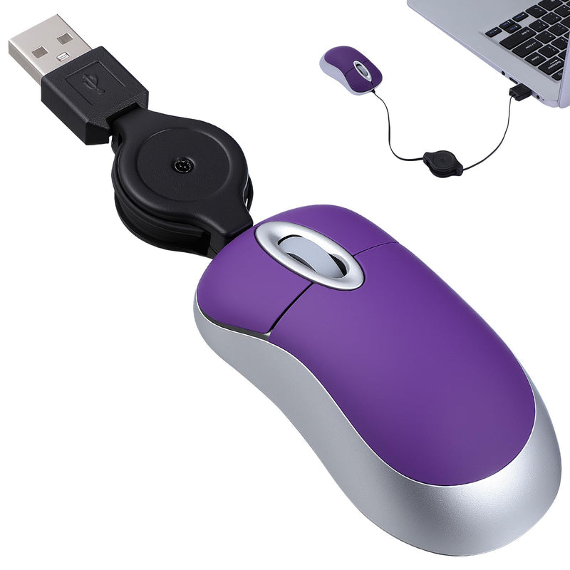 Abaodam Mini USB Mouse with Retractable Cord, Portable Wired Optical Computer Mice for Laptop, Small Travel for Office Business Home School Woman Men Girls Boys Present - Purple