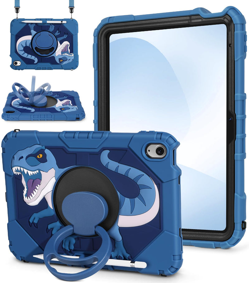 Uppuppy for iPad A16 Case 2025 11 inch/for iPad 10th Generation Case - Rugged Heavy Duty Shockproof Protective Cover with Pencil Holder, Rotating Stand, Shoulder Strap for Kids, Boys, Blue Dinosaur