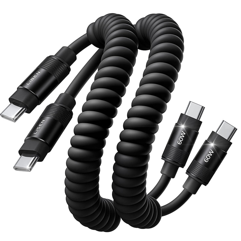 LISEN Coiled USB C Cable, Durable Short USB C to USB C Cable 2 Pack for Android Auto & Car Play Cable, C to C Fast Charging Cord for iPhone 17/16/15 Samsung Galaxy S25/S24 A15, Space Black 4FT