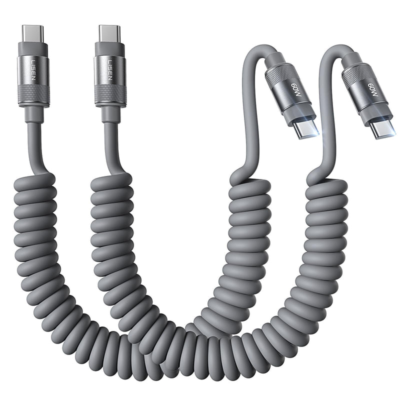 LISEN Coiled USB C Cable 2 Pack 60W Chubby Cable C to C Cable Fast Charging | for Car CarPlay & Android Auto Durable Silicone USB C to USB C Cord for iPhone 17/16 Pro Max, Samsung Galaxy S25,Short 3.5FT Space Gray