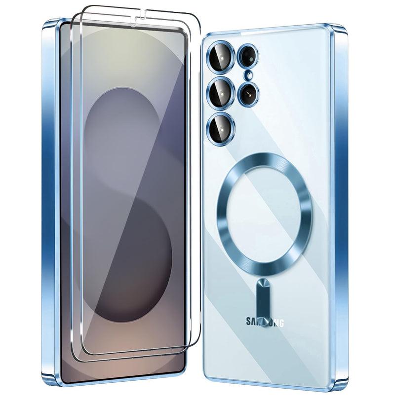 Magnetic Glossy Case for Samsung Galaxy S25 Ultra, S25 Ultra Phone Case Clear Luxury with Screen Protector X2 & Camera Protector [Compatible with MagSafe],Shockproof Cover for Samsung S 25 Ultra-Blue Samsung S25 Ultra Blue