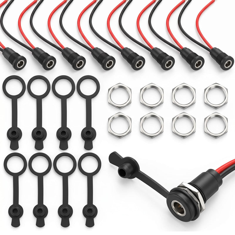 8 PCS 5.5 x 2.1mm Female DC Power Jack Threaded Female Panel Mount Barrel Connector Adapter with 6 Inch 20 AWG Pre-soldered Wires and Waterproof Cover Cap