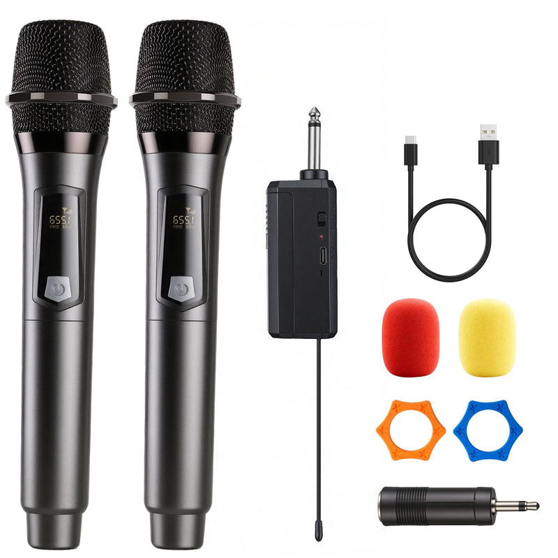 Wireless Microphone, Rechargeable Fixed Frequency Handheld Wireless Mic, Dual Cordless Dynamic Mic with Rechargeable Receiver-160ft Range, Karaoke Microphone for Party Singing Church Speech DJ Wedding Gray