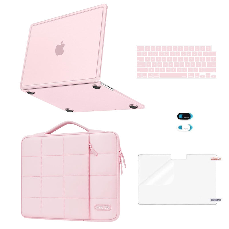 MOSISO Compatible with MacBook Air 13 inch Case M5 M4 M3 M2 2026-2022 | Reinforced Hard Shell&Puffy Bag&Keyboard/Webcam Cover&Screen Film for Mac Air 13.6, A3449 A3240 A3113 A2681, Pink
