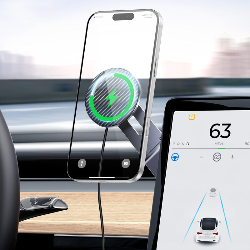 Tesla Phone Mount with 15W MagSafe Fast Charging, Foldable Hidden Car Holder for Tesla Model 3 / Y/Cybertruck, 360° Rotatable Dashboard Screen Bracket with Ultra-Strong N52 Magnets