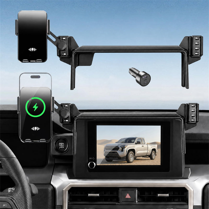 Car Phone Holder for 2024-2026 Toyota Tacoma 4th Gen Accessories, 8-Inch Screen Phone Mount with Up to 15W Fast Wireless Charger, Auto-Clamping Aluminum Holder, 360° Rotation, Keeps Air Vents Clear