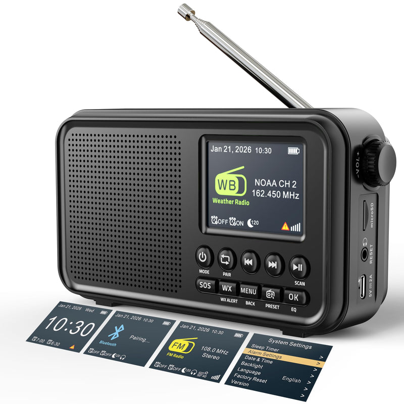Portable FM Radio with Bluetooth, NOAA Weather Radio, 3000mAh Rechargeable | Auto Scan 40 FM Presets, 8W Speaker, 6 EQ Modes, Dual Alarms, Sleep Timer, 2.4" Color Display, Emergeny Radio SOS Black