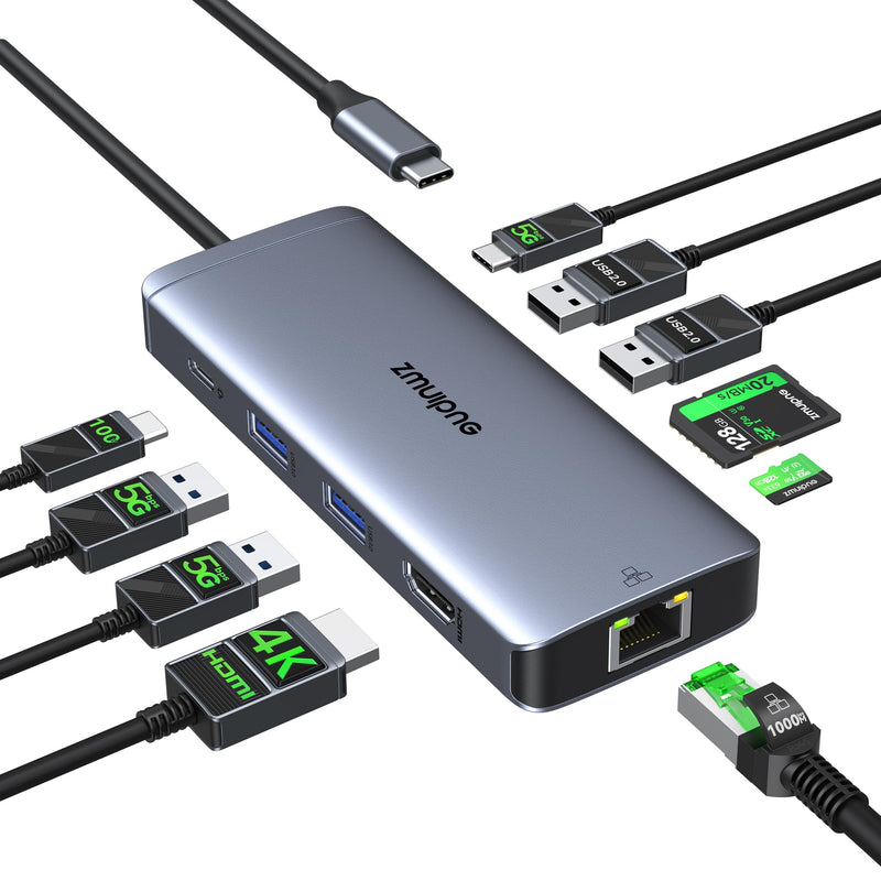 USB C Hub Ethernet USB-C Adapters for MacBook Pro/Air with HDMI 4K@60Hz | Mac Dongle with USB Port, 10 IN 1 USBC to HDMI Adapter 4K, USB C to Ethernet, 100W PD, USB-C to SD/TF Card Reader Dongle Hub