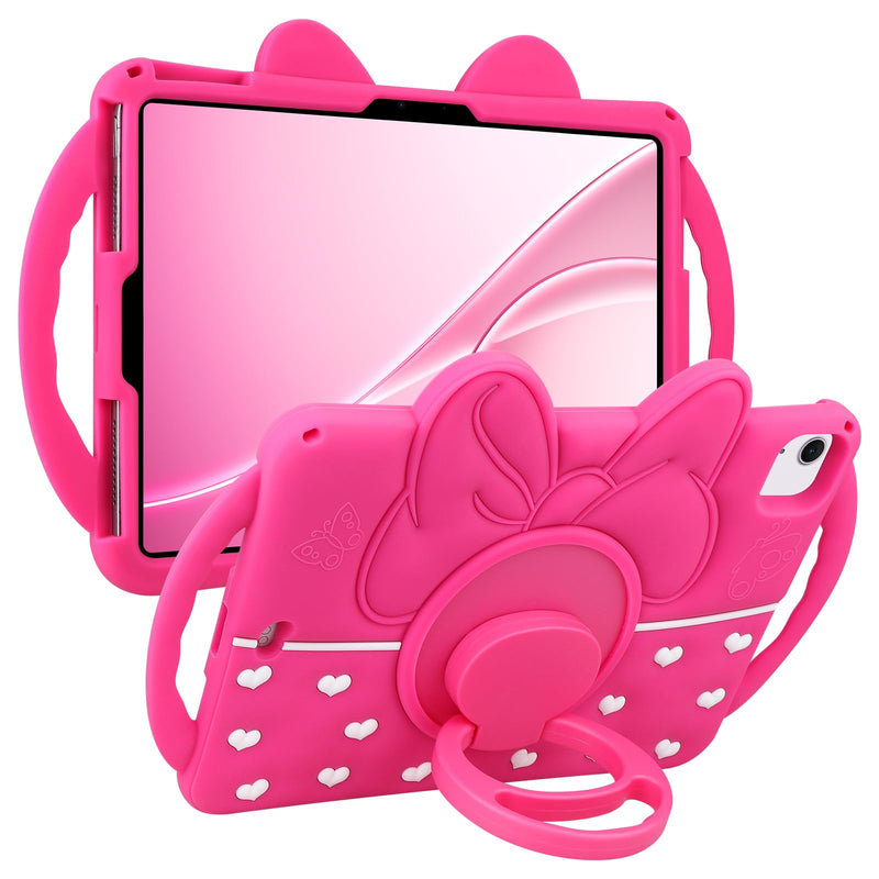 JAKPAK Kids Case for iPad Air 11-inch M4 M3 M2/Air 5th 4th Gen/Pro 11” | 360° Rotating Kickstand, Double Handle, Soft Silicone Shockproof Tablet Case, Cute Bow Heart iPad 11 Cover, Kids Friendly Hot Pink for iPad Air 11inch /Air 5th 4th