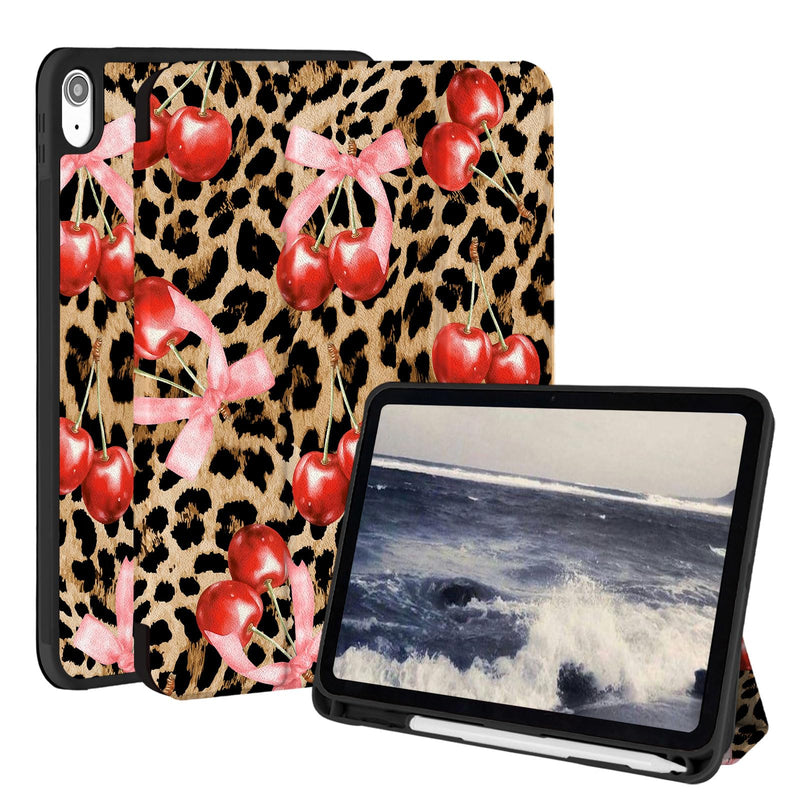 Case for iPad A16 11th Generation 11 Inch 2025, iPad Case 10th Generation 10.9 Inch 2022, Slim Lightweight Soft Trifold Back Cover with Pencil Holder & Auto Sleep/Wake Cover Cherry Cheetah Bow Brown Leopard & Pink Bow