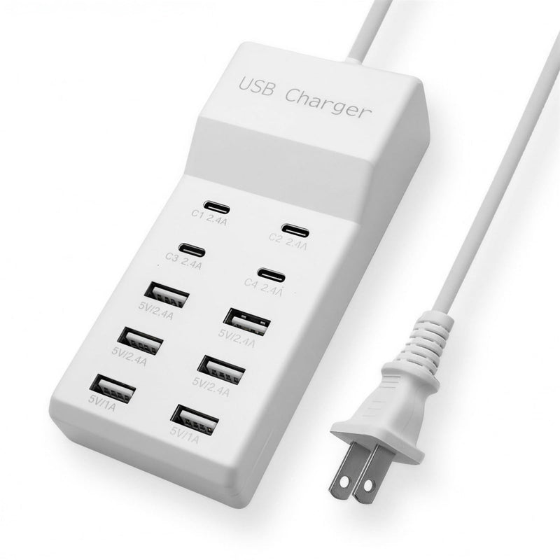 Multiple USB Charging Station for Multiple Devices USB Power Strip | 10 port USB charging block with 4 USB C and 6 USB A charging ports,USB Charging Hub for home office use White
