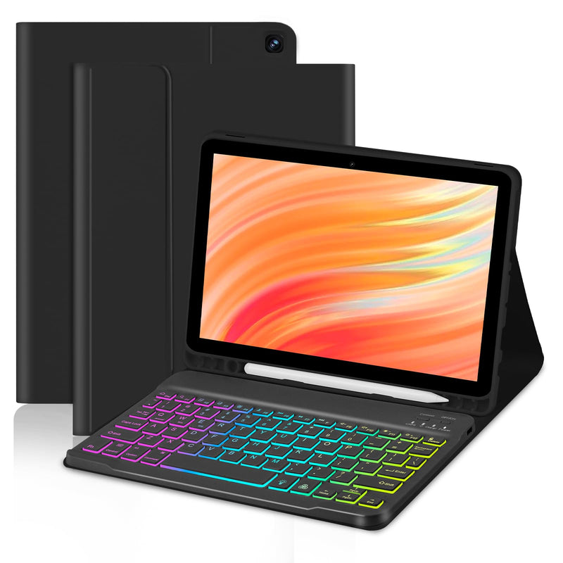 Tablet Case Keyboard for Amazon Fire HD 10/10 Plus 11/13th Generation | 10.1 inch 7 Color Rainbow Backlit Detachable Keyboard Magnetic Cover with Pen Slot HD 10 2021/2023 Black For HD 10&10 Plus 10.1 inch