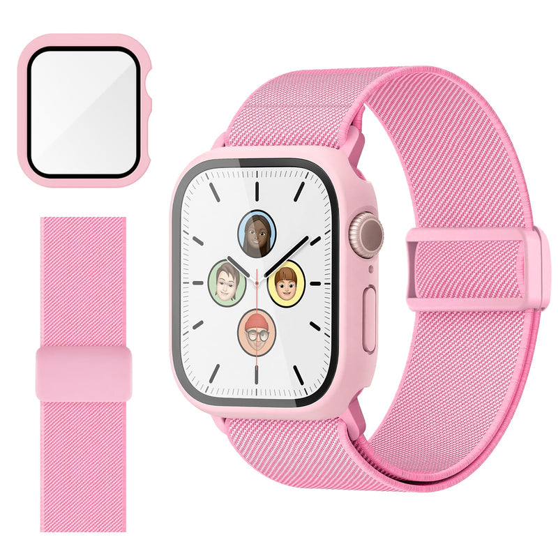 Compatible with Kids Apple Watch Band with Case 38/40/41/42/44/45mm | Stretchy Nylon Strap with Protective Cover and Screen Protector for iWatch Series 9 8 7 SE3 SE2 SE 6 5 4 3 2 1 Pink 40mm