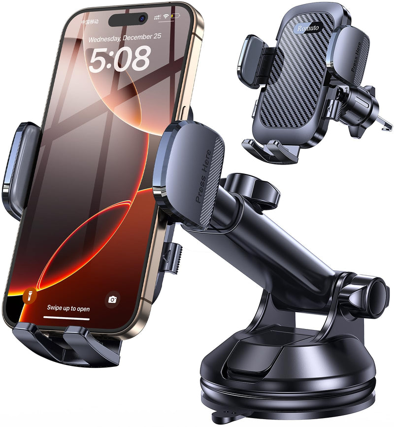 Romuto Phone Holders for Your Car Phone Holder Mount【Super Suction】Cell Phone Holder for Car Accessories for Women Men【360° Adjustable】Suction Phone Mount for Car, Window, Bathroom for iPhone Samsung Dark Black