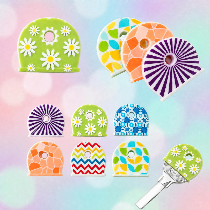 6Pcs Unique Key Covers Caps Silicone Decorative Head Protector Set | Patterned flexible silicone key caps slip over flat keys to prevent scratches for students carrying keychains. 6pcs Printed Pattern
