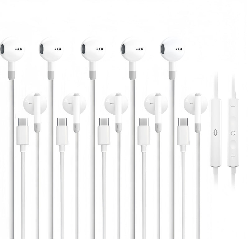 5 Pack Upgraded USB C Headphones for iPhone 17/16/15 Pro Max iPad Plus TypeC Earphones with Microphone Volume Control USBC Wired Earbuds USB Type C Earphone for Samsung S26/S25(1.2M/4Ft)